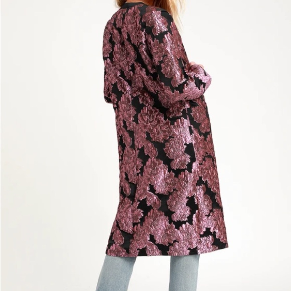 Lulus Mayia Black & Purple Jacquard Floral Print Long Jacket - Picture 3 of 7